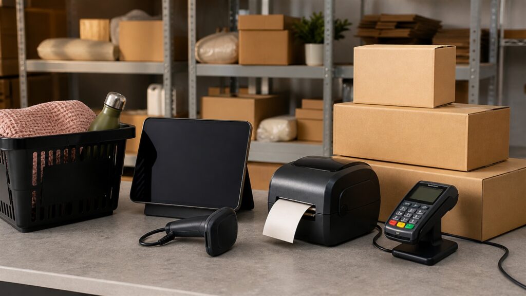 unbranded checkout operations desk with blank cart flow screen, payment terminal, product samples, shipping box, and receipt printer for a marketplace sellers buying decision