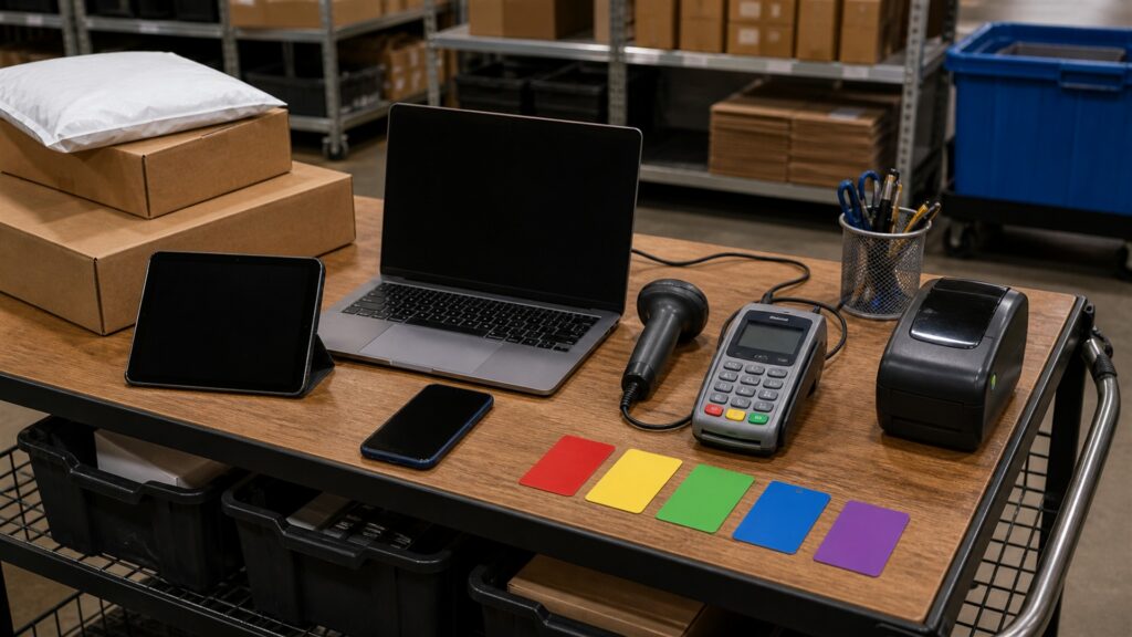 unbranded checkout operations desk with blank cart flow screen, payment terminal, product samples, shipping box, and receipt printer for a multi-channel sales buying decision