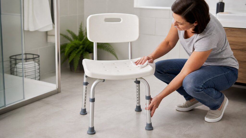 Unbranded shower chairs arranged to compare adjustable seat height and leg footprint