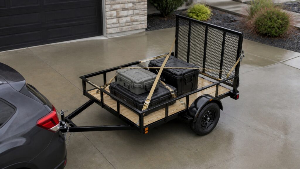single axle utility trailers shopping setup for cargo security and storage with practical vehicle-focused details