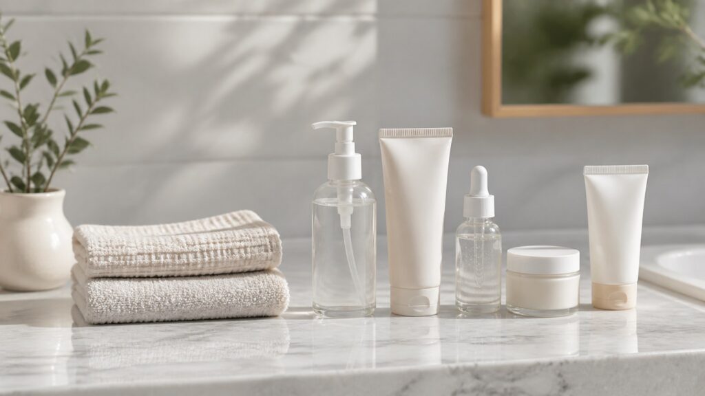 Unbranded editorial arrangement for skincare for daily routines