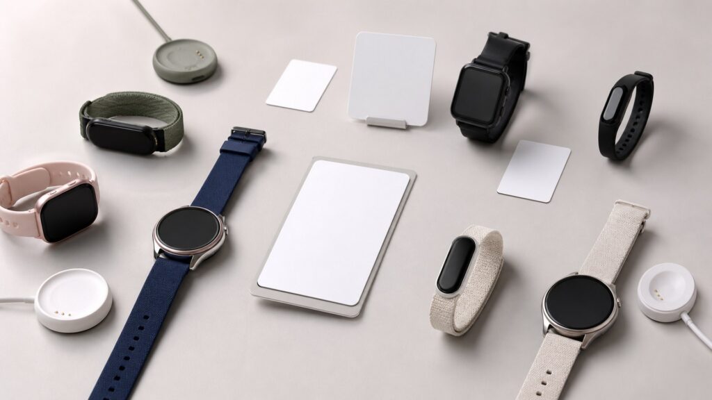Unbranded smart health wearables products arranged for a careful buying comparison