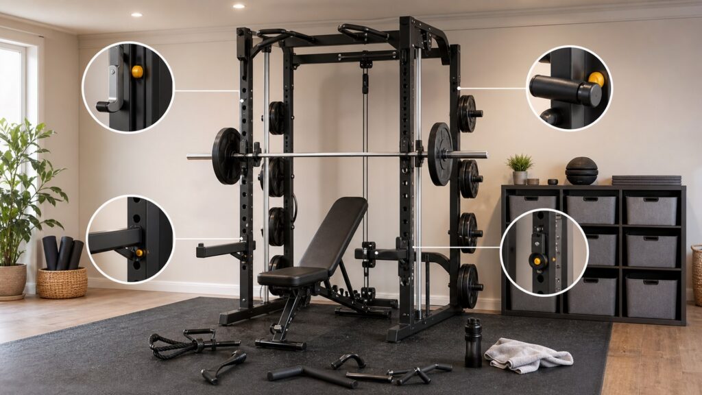 smith machines for multi-user homes arranged in a practical buyer guide scene