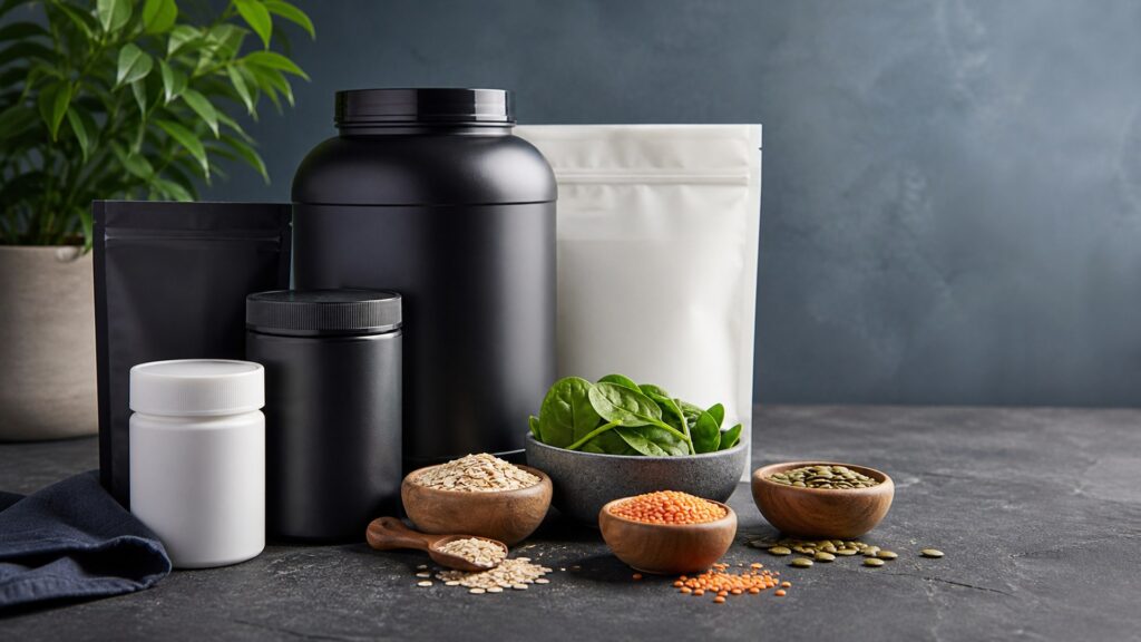 Unbranded sports nutrition supplements products arranged for a careful buying comparison