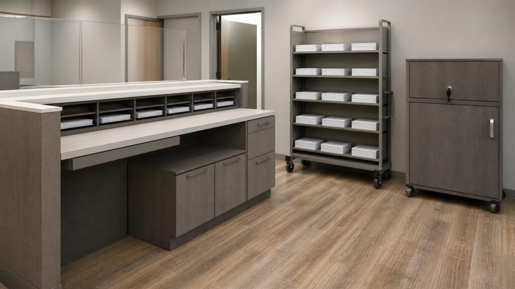 unbranded modular store fixtures, counters, shelving, and plain product boxes in a commercial interior for a document workflows buying decision