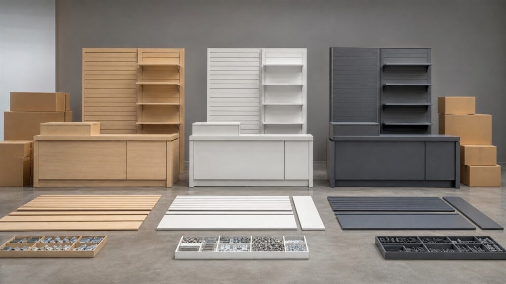 unbranded modular store fixtures, counters, shelving, and plain product boxes in a commercial interior for a multi-location businesses buying decision