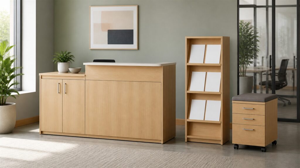 unbranded modular store fixtures, counters, shelving, and plain product boxes in a commercial interior for a small offices buying decision