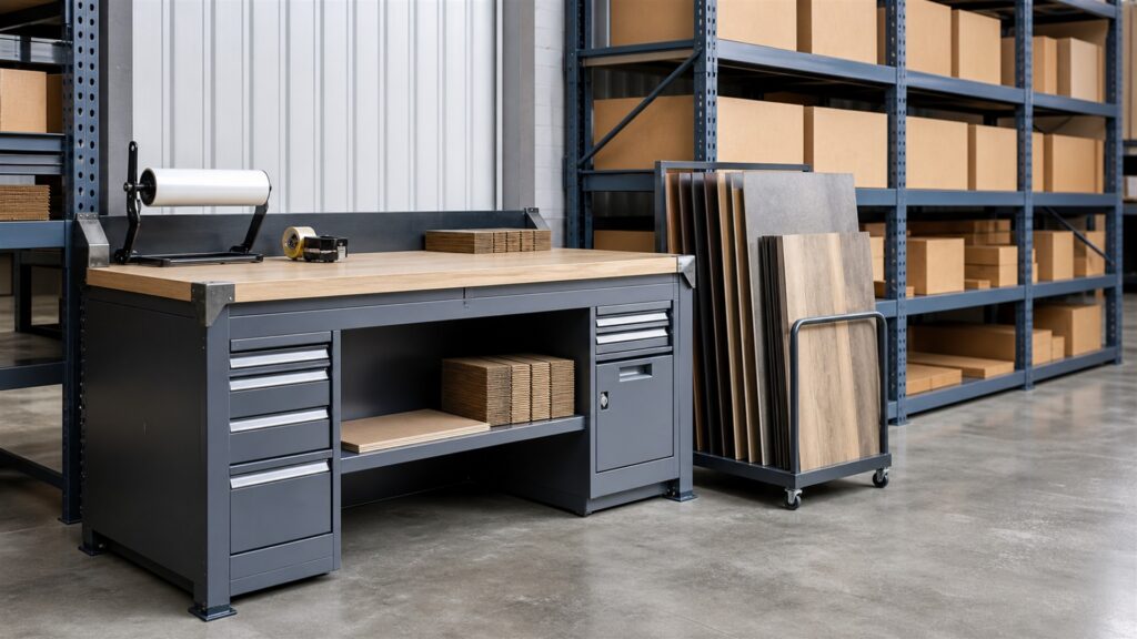 unbranded modular store fixtures, counters, shelving, and plain product boxes in a commercial interior for a warehouse teams buying decision