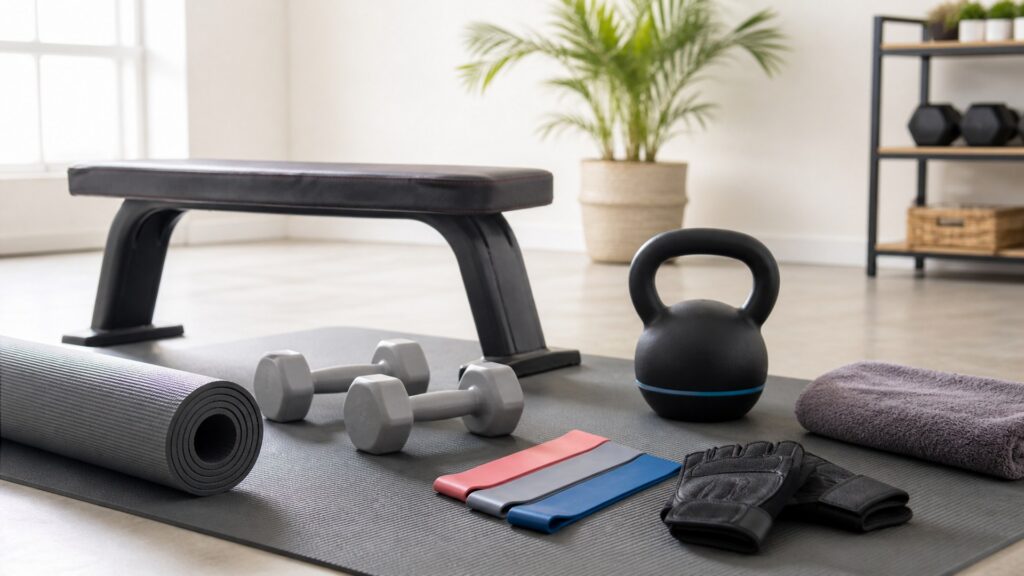 strength training equipment for beginners arranged in a practical buyer guide scene
