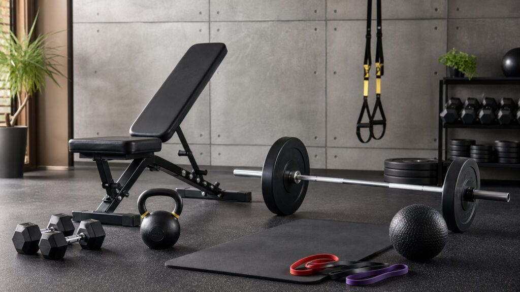 strength training equipment for full-body training arranged in a practical buyer guide scene