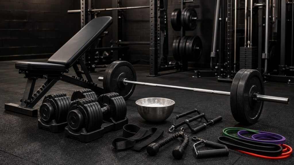 strength training equipment for muscle building arranged in a practical buyer guide scene