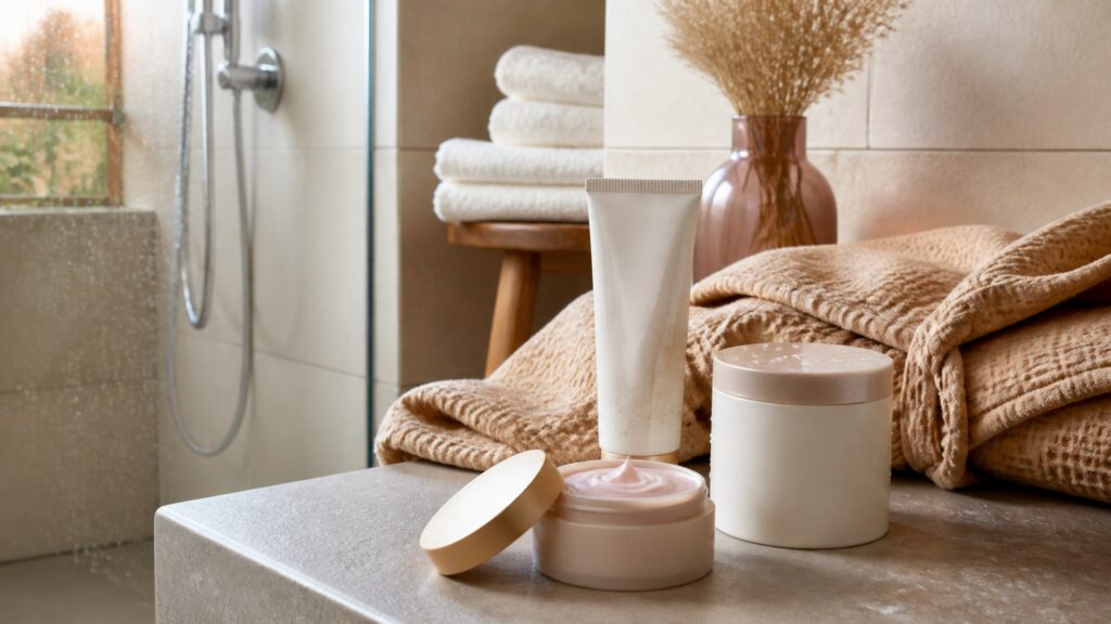 Unbranded stretch mark creams arranged for a shower and after-bath routines buying guide