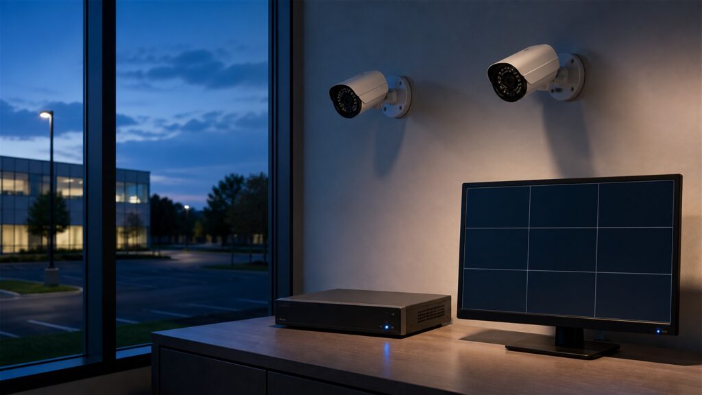 unbranded commercial security cameras, network video recorder, blank monitoring screens, and neat cabling in a professional security room for a after-hours monitoring buying decision