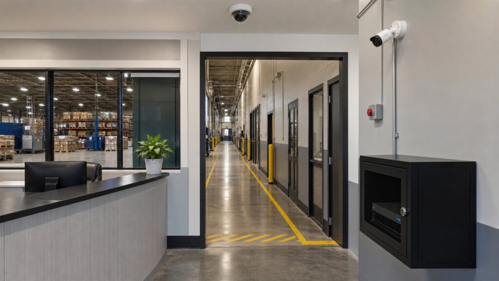 unbranded commercial security cameras, network video recorder, blank monitoring screens, and neat cabling in a professional security room for a employee safety buying decision