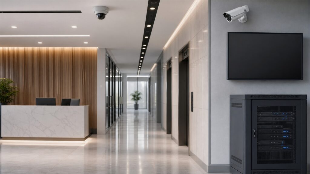 unbranded commercial security cameras, network video recorder, blank monitoring screens, and neat cabling in a professional security room for a office buildings buying decision