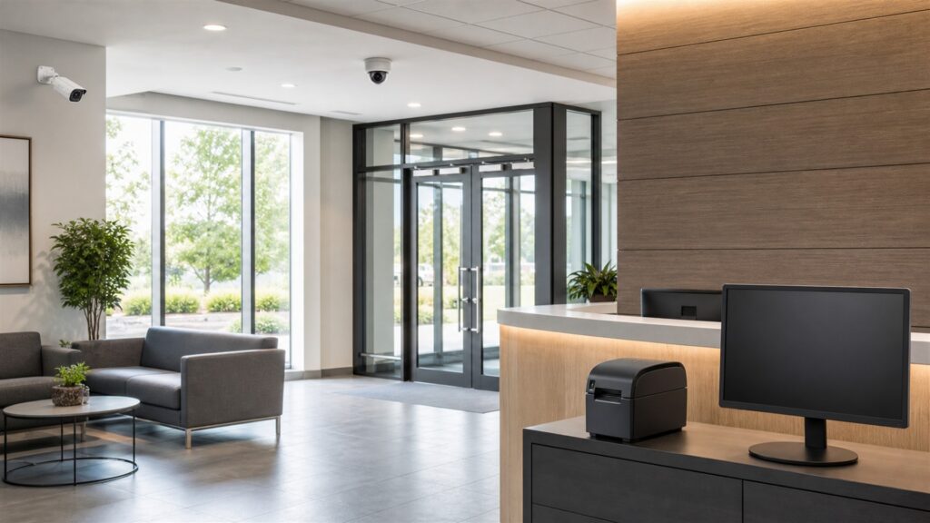 unbranded commercial security cameras, network video recorder, blank monitoring screens, and neat cabling in a professional security room for a visitor control buying decision