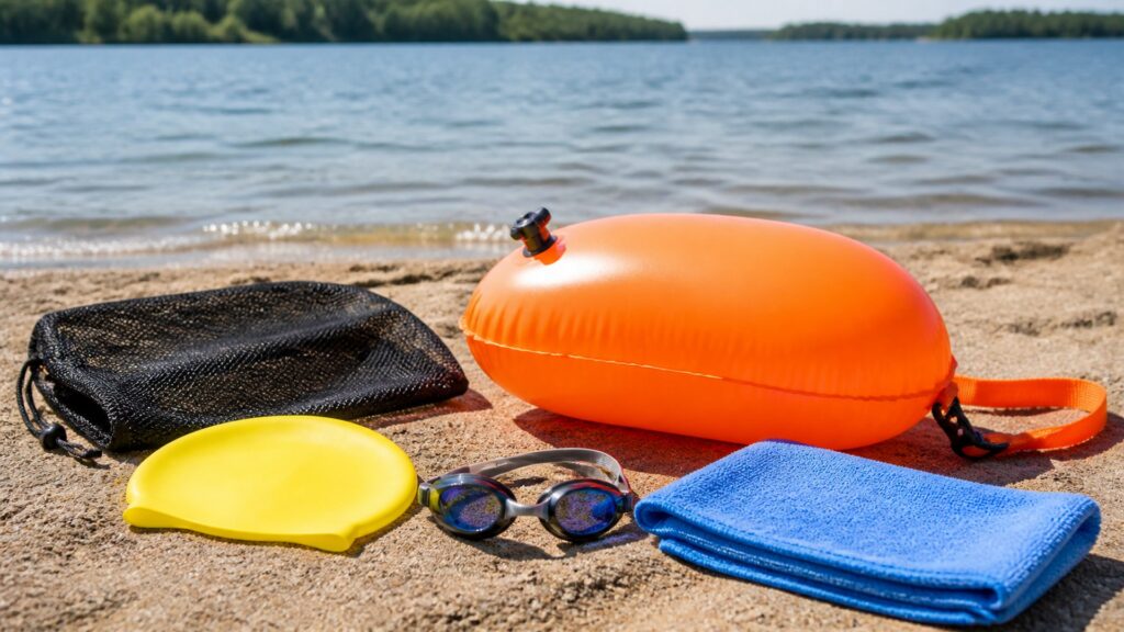 swim accessories for open water arranged in a practical buyer guide scene