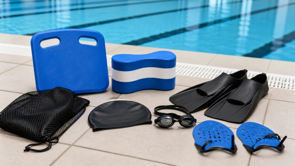 swim accessories for pool training arranged in a practical buyer guide scene
