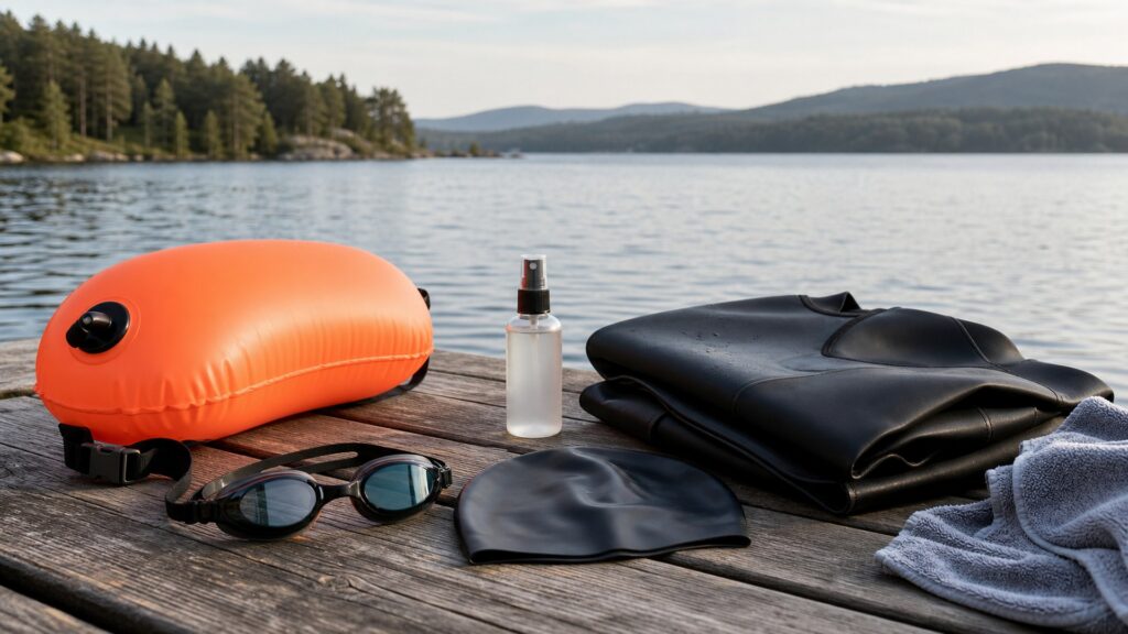swimming gear for open water swimming arranged in a practical buyer guide scene