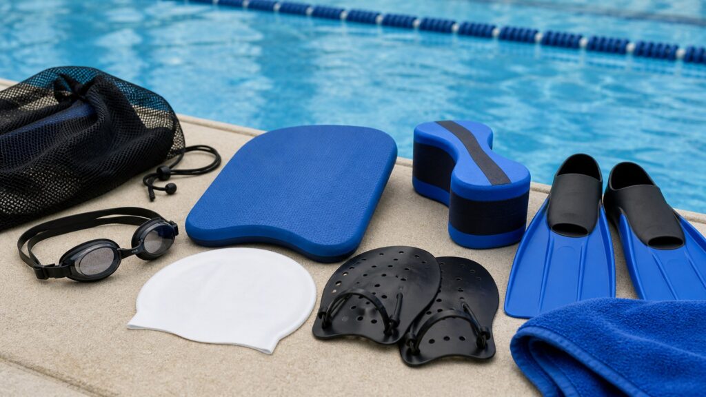 swimming gear for pool workouts arranged in a practical buyer guide scene