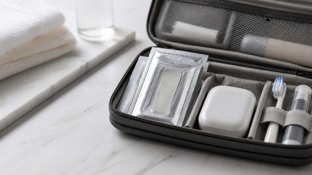Unbranded editorial arrangement illustrating How to Choose Teeth Whitening for Travel Kits