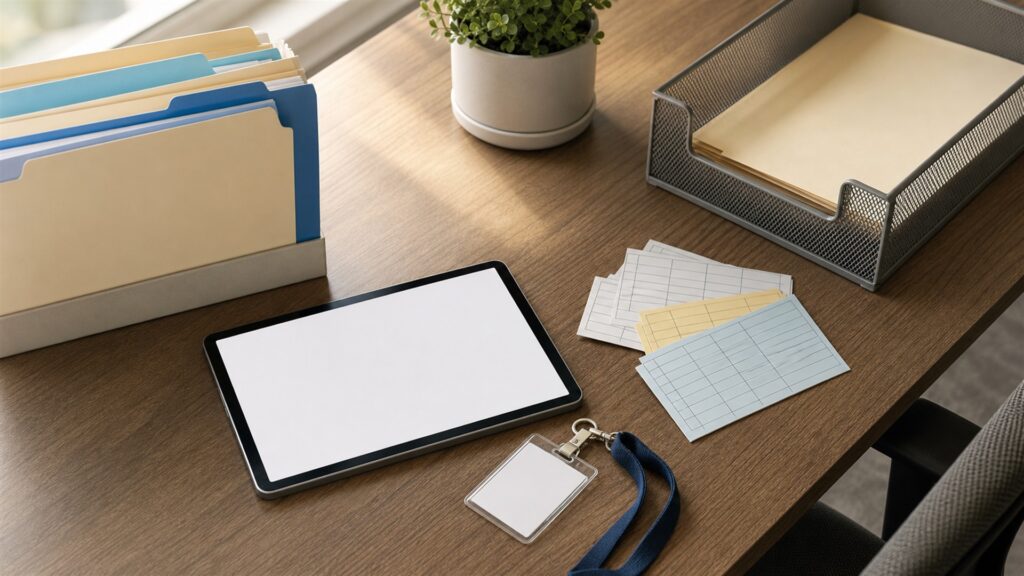 unbranded timekeeping workspace with one realistic clock terminal, blank timesheet screen, schedule cards, employee badge, and payroll approval folder for a benefits administration buying decision