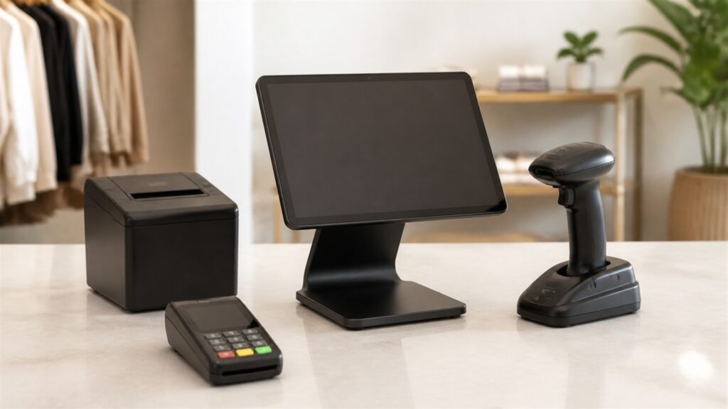 unbranded timekeeping workspace with one realistic clock terminal, blank timesheet screen, schedule cards, employee badge, and payroll approval folder for a growing companies buying decision