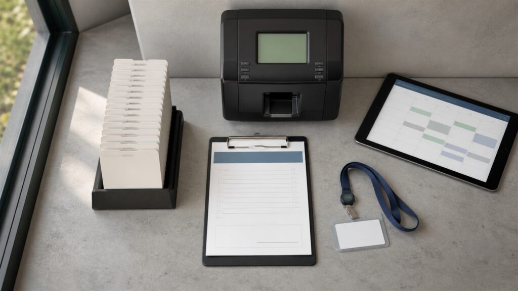 unbranded timekeeping workspace with one realistic clock terminal, blank timesheet screen, schedule cards, employee badge, and payroll approval folder for a hourly employees buying decision