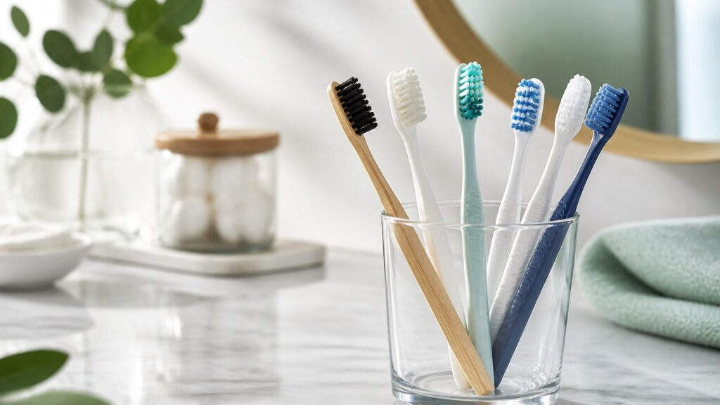 Unbranded editorial arrangement illustrating How to Choose Toothbrushes for Fresh Breath