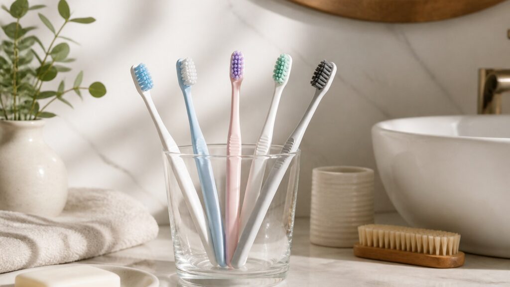Unbranded editorial arrangement illustrating How to Choose Toothbrushes for Gum Care