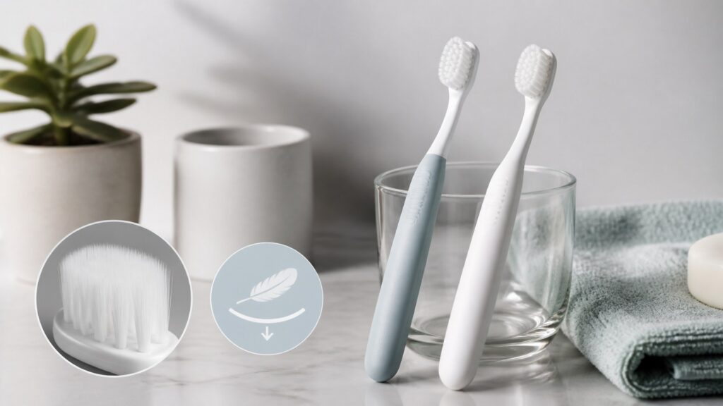 Unbranded editorial arrangement illustrating How to Choose Toothbrushes for Sensitive Teeth