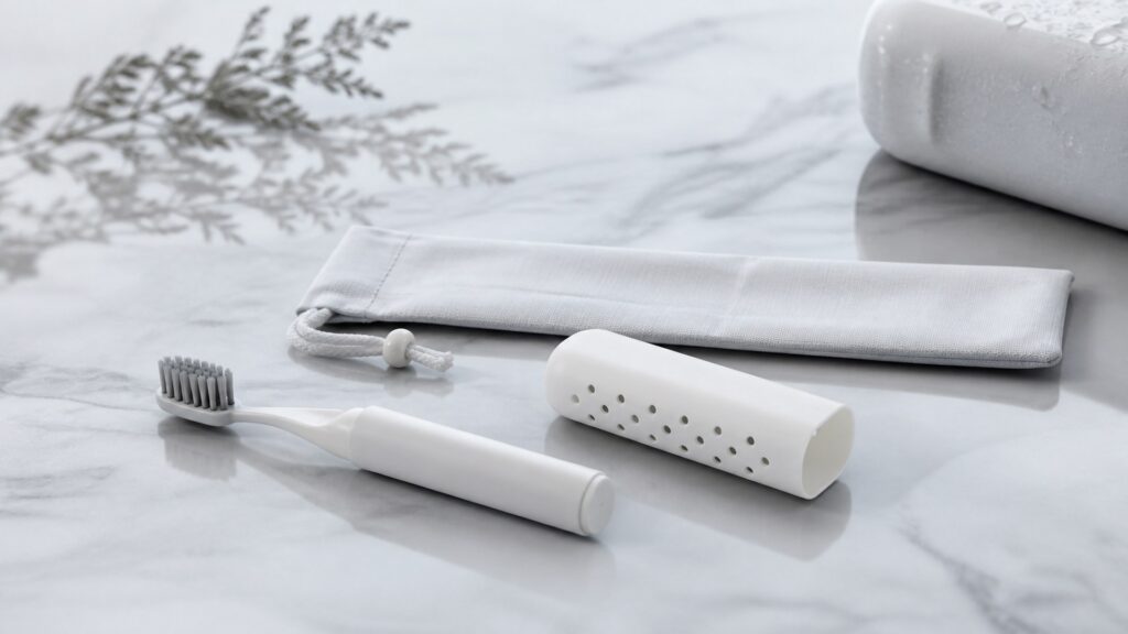 Unbranded editorial arrangement illustrating How to Choose Toothbrushes for Travel Kits