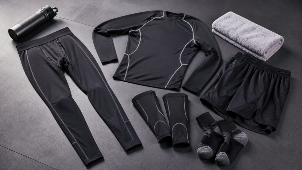 training clothing for compression support arranged in a practical buyer guide scene