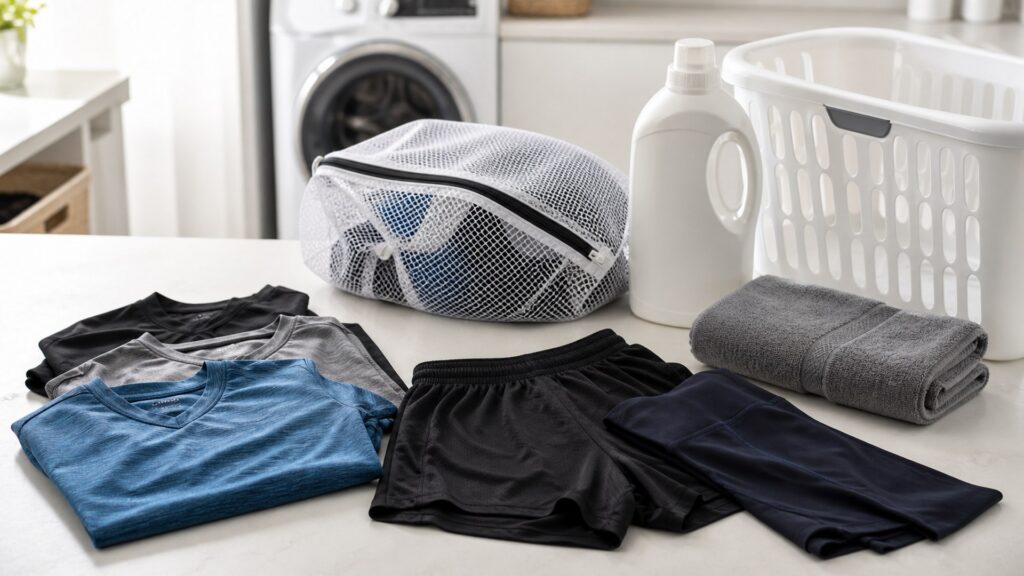 training clothing for frequent washing arranged in a practical buyer guide scene