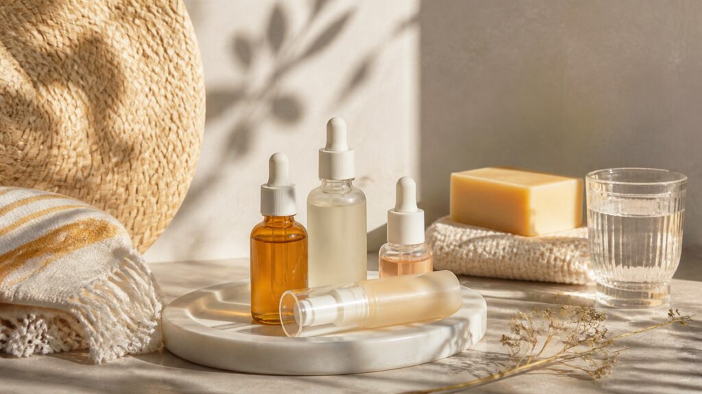 Unbranded treatment serums arranged for a sun protection buying guide