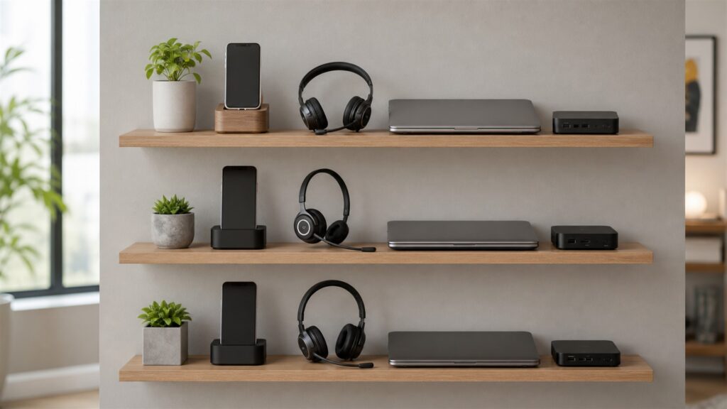 unbranded business desk phone, smartphone, laptop with blank screen, and compact voice gateway on a clean office desk for a remote teams buying decision