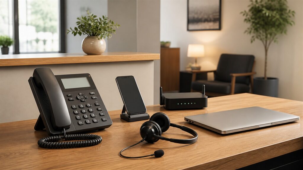 unbranded business desk phone, smartphone, laptop with blank screen, and compact voice gateway on a clean office desk for a small businesses buying decision
