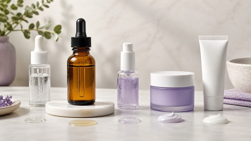 Amber vitamin C serum bottle beside clear serums, moisturizer, and sunscreen arranged on a skincare worktop