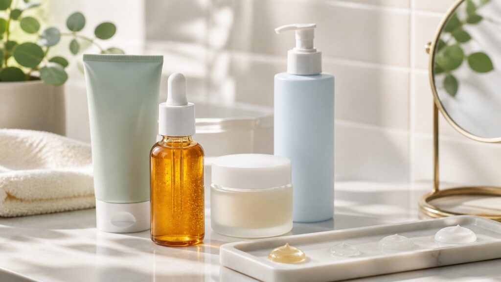 Amber vitamin C serum bottle beside moisturizer, cleanser, sunscreen, and texture swatches on a clean vanity