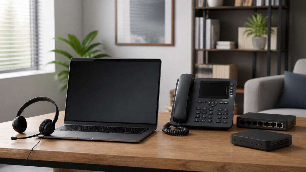 unbranded IP desk phones, PoE network switch, voice gateway, headset, and neat Ethernet cables in a professional office for a remote teams buying decision