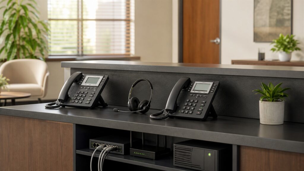 unbranded IP desk phones, PoE network switch, voice gateway, headset, and neat Ethernet cables in a professional office for a small businesses buying decision