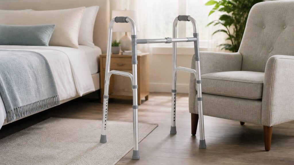 photorealistic walker parked beside bed and chair for caregiver setup checks