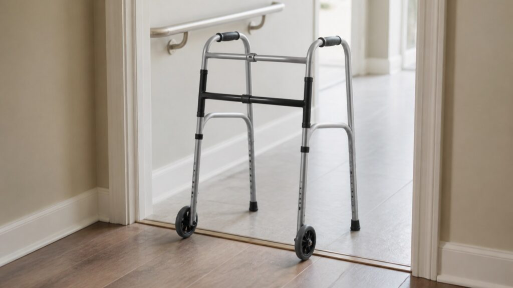 photorealistic front-wheel walker near a threshold for support and surface control checks