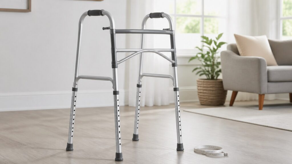 photorealistic adjustable walker showing height holes and sizing details in a bright home room