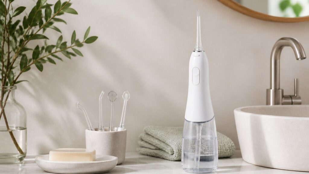 Unbranded editorial arrangement illustrating How to Choose Water Flossers for Fresh Breath