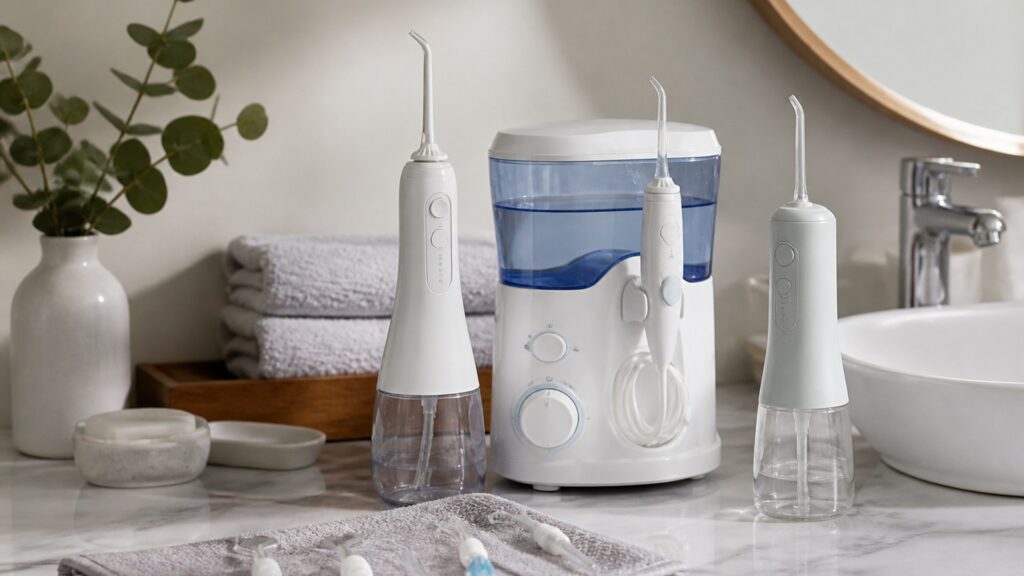 Unbranded editorial arrangement illustrating How to Choose Water Flossers for Gum Care