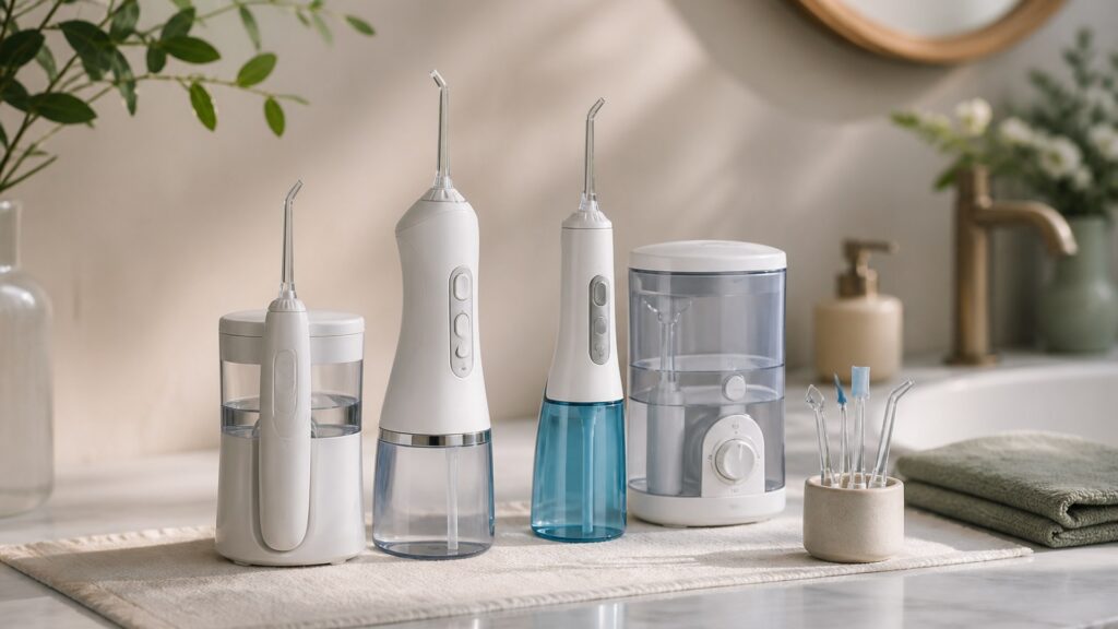 Unbranded editorial arrangement illustrating How to Choose Water Flossers for Sensitive Teeth