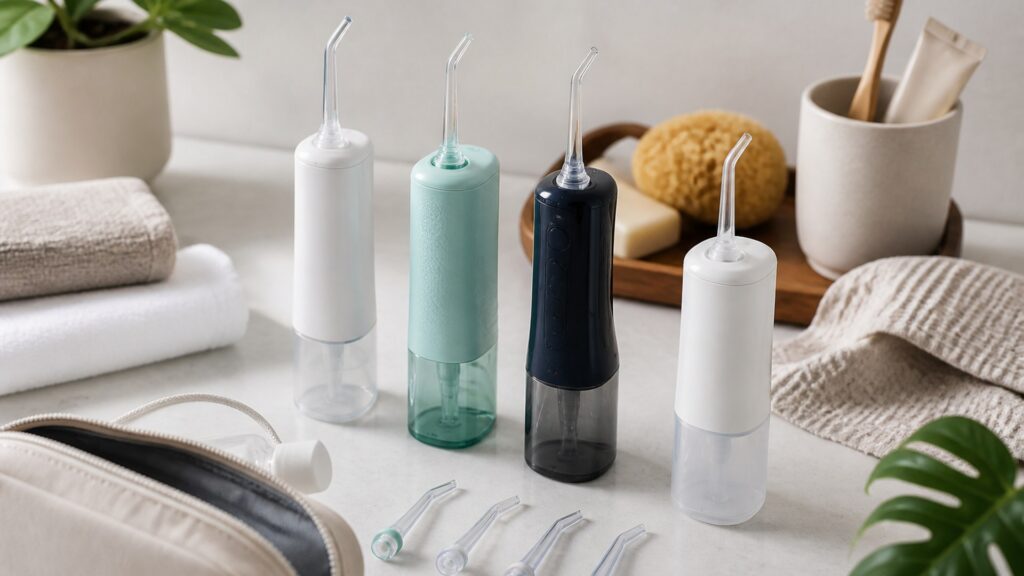 Unbranded editorial arrangement illustrating How to Choose Water Flossers for Travel Kits