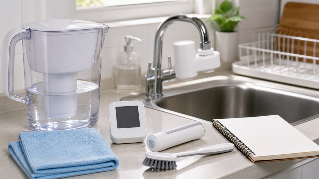 generic water and hygiene health devices with water filter pitcher, sanitizer case, cleaning brush, cloth, and notebook