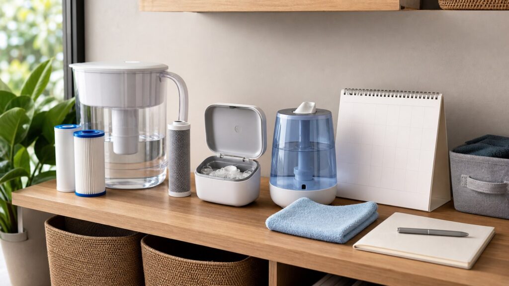 generic water and hygiene health devices with water filter pitcher, sanitizer case, cleaning brush, cloth, and notebook